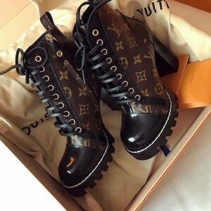 Louis Vuitton Women's Black and Brown Lace-Up Boots